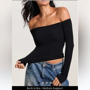 Klassy Ribbed Off The Shoulder Brami Long Sleeve Black Top NWT Large
